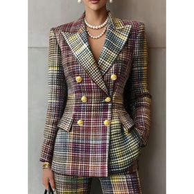 Retro Geometric Double-breasted Suit Jacket For Women, Long-sleeved, Slim Fit, Suitable For Commuting. (Option: Multicolor-L)