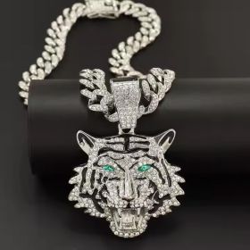 13mm Width Football Pendant Necklace,Hip Hop Green Eyes Tiger Head Pendant Necklace 3D Diamond Gold Zinc Alloy Stainless Steel Religious Zircon (Option: silvery)