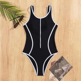 Women's Black One-Piece Swimsuit With White Contrast Trim, Zip-Front Sporty Bathing Suit, Racerback (Option: L)