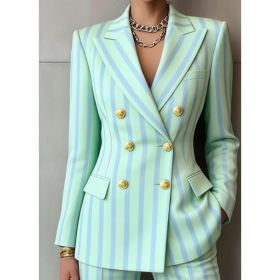 Retro Geometric Double-breasted Suit Jacket For Women, Long-sleeved, Slim Fit, Suitable For Commuting. (Option: Light Green-S)