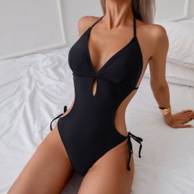 Women Halter Cutout One Piece Swimsuit, Deep V Keyhole Side Cut Out Adjustable Tie High Cut Bathing Suit Black Slim Swimwear (Option: L)