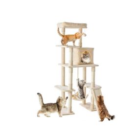 63-inch Cat Tree Tower, Large Multi-story Cat Climbing Tower, Natural Sisal Grabber Posts, Extended Platform, Hammock (Option: beige)