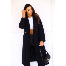 Simple Double Breasted Long Sleeve Lapel Button Woolen Coat (Option: Black-S)