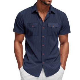 Loose Heavy Lapel Corduroy Workwear Short Sleeve Shirt (Option: Navy Blue-S)