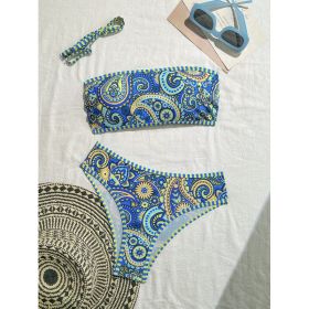 Women's Paisley Print Bandeau Bikini Set, Strapless Top With Removable Strap & High Cut Bottom (Option: M)