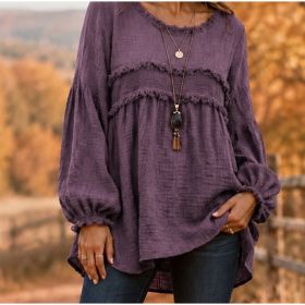 Casual Patchwork Tassel Fringe Crew-Neck T-Shirt Top (Option: Purple-S)