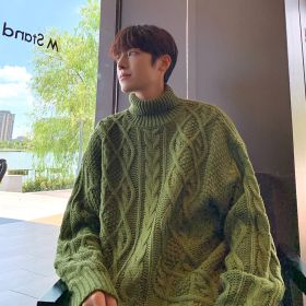 Japanese-style Retro Green Jacquard Turtleneck Sweater (Option: Green-L)