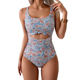 One-piece Female Stitching Contrast Color Strap Covered Belly Swimsuit (Option: Pink floral-M)