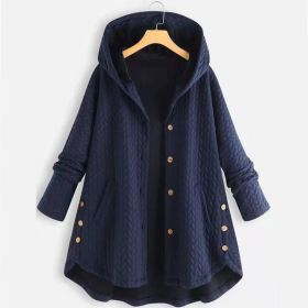 Fashion New Solid Color Hooded Single-breasted Women's Cotton Jacket Mid-length Irregular (Option: Navy Blue-8XL)