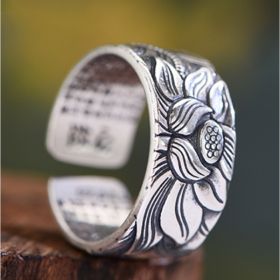 Thai Silver Black Lotus Heart Sutra  Ring (Option: Heart Sutra Ring-2PCS)