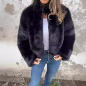Fashion Stand Collar Plush Jacket Winter Casual Turtleneck Zipper Coat Fleece Tops Women's Clothing (Option: Black-S)