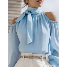 Womens Stand-collar Off-shoulder Top With Puff Sleeves (Option: Sky blue-S)