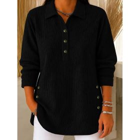 Womens Striped Button-up Sweatshirt Long-sleeve Casual Top (Option: Black-S)