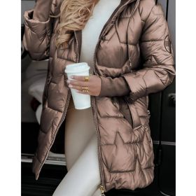 Solid Color Hooded Mid-length Cotton Coat With Three Zippers (Option: Khaki-M)
