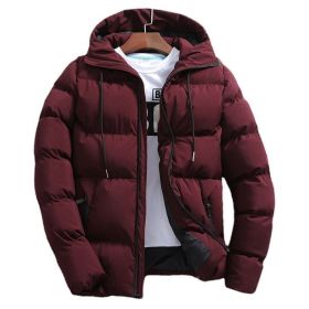 New Men's Pure Cotton Padded Jacket Hooded Coat (Option: Wine Red-3XL)