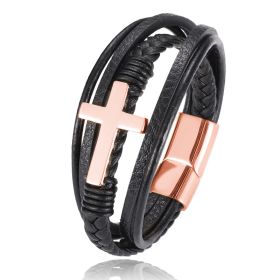 Multi-layer Braided Stainless Steel Cross Men's Bracelet (Option: Rose gold-21.5cm)