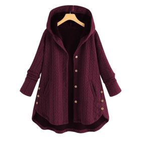 Fashion New Solid Color Hooded Single-breasted Women's Cotton Jacket Mid-length Irregular (Option: Claret-4XL)