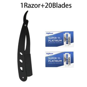 Straight shaver arm, men's folding manual shaver, men's shaver, razor sharp blade barber shop razor (Color: 1Razor and 20Blades)