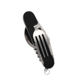 Stainless Steel 6-in-1 Multi-Tool Cutlery Set, Folding Pocket Knife with Fork, Spoon, Can Opener, Corkscrew, and Bottle Opener (Color: black)