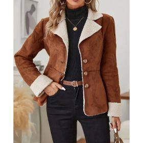 Casual Fashion Cold-proof Warm Fur Integrated Lapel Pocket Jacket (Option: Caramel Color-S)