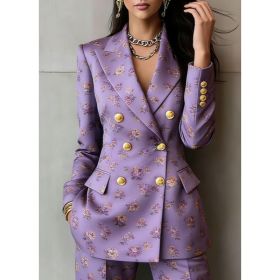 Retro Geometric Double-breasted Suit Jacket For Women, Long-sleeved, Slim Fit, Suitable For Commuting. (Option: Purple-4XL)