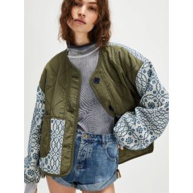New Women's Warm Quilted Printed Patchwork Button Lightweight Cotton Coat, Slim Fit, Suitable For Autumn And Winter. (Option: S)
