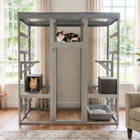62.6" Wooden Catio for Cats, Large Cat Enclosure with Waterproof cover, 2 Napping House, Platforms & Galvanized Metal Wire â€“ Secure Pet Cage Shelter (Option: Gray)