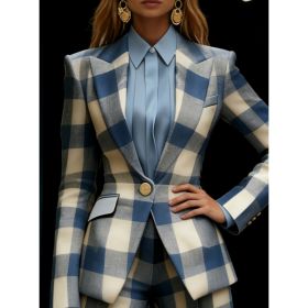 Houndstooth Lapel Slim Fit Suit Jacket For Women, Long Sleeve (Option: Blue white-2XL)