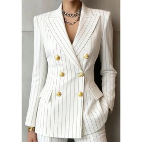 Retro Geometric Double-breasted Suit Jacket For Women, Long-sleeved, Slim Fit, Suitable For Commuting. (Option: White-5XL)