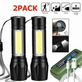 Mini Flashlight LED COB Torch Rechargeable High Lumens Zoomable Adjustable Focus Camping Light 3 Modes Waterproof (Option: 2pcs)