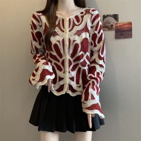 Loose-fitting Long-sleeve Hollow-out Knitted Cardigan Top (Option: Red-Free Size)