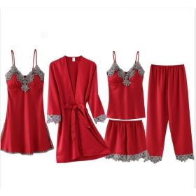 French Pajamas Spring And Summer Thin Ice Silk Nightdress Five-piece Suit (Option: Red-S)