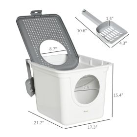 Covered Cat Litter Box, Easy Cleaning Kitty Litter Box with Front Entrance, Top Exit, Scoop, for Odor Control, White (Option: White Gray)