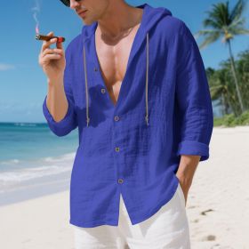 Mens Linen Hooded Long-Sleeve Casual Cardigan Shirt (Option: Sapphire Blue-S)