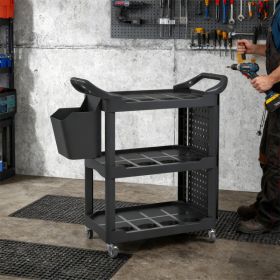 3-Tier Rolling Tool Cart, 200 LBS Capacity Plastic Utility Cart With Side Shelf And Storage Bucket, Tikt0k Sales Prohibited (Option: Black)