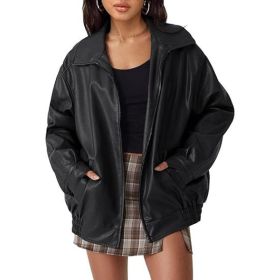 Women's Artificial Leather Plus Size Motorcycle Jacket (Option: Black-S)