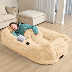 Oversized Human Dog Bed For Adults & Pets, 71 In X45 In X 12 In Ultra Soft Faux Fur Lounger, Washable Floor Bed With Orthopedic Support, Pillow & Blan (Option: beige)