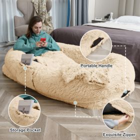 Human Dog Bed - 63 In X 31.4 In X 9.5 In Washable Faux Fur Lounger For Adults & Pets, Cushion With Orthopedic Support, Includes Pillow & Blanket (Option: beige)
