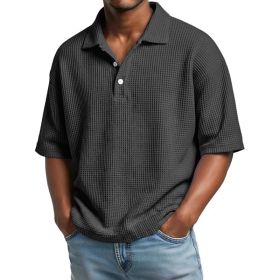 Men's Summer Basic Style Waffle Pattern Button Collar POLO Shirt Short Sleeve New Top (Option: Black-S)