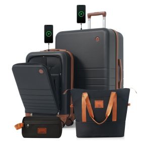 4-Piece Luggage Set with USB Charging Ports - 20in Carry-On (Front-Opening for Laptop) 28in Checked Suitcase with TSA Lock Travel Duffel Bag Wet-Dry T (Option: Black+Brown)