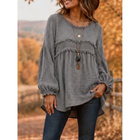 Casual Patchwork Tassel Fringe Crew-Neck T-Shirt Top (Option: Gray-S)