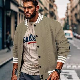 Jacquard Button Design Trendy Fashion Solid Color Men's Cardigan Baseball Jacket (Option: Khaki-M)