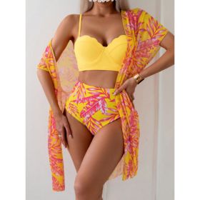 Women's Maple Leaf Printed High Waist Mesh Bikini Suit (Option: Rose Pink-S)