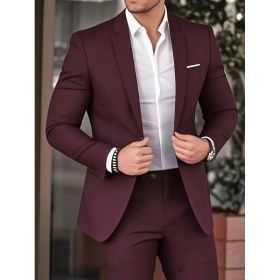 Elegant Banquet Gown Slim-Fit Fashionable Suit And Trousers For Men (Option: Wine Red-M)