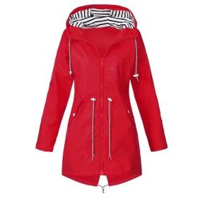 Womens Waterproof Raincoat Casual Basic Outdoors Drawstring Trench Lightweight Drawstring Jackets Hiking Clothes For Women (Option: Red-L)