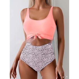 One-piece Female Stitching Contrast Color Strap Covered Belly Swimsuit (Option: Pink Flower-S)