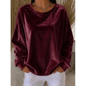 Casual Round-neck Velvet Solid-color Long-sleeve Shirt (Option: Wine Red-S)