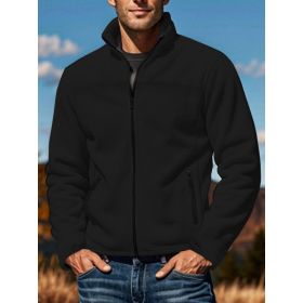 Men's Polar Fleece Jacket Outdoor Zipped Stand Collar Coat (Option: Black-S)