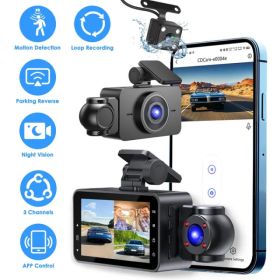 WiFi FHD 1080P 3 Channel Car Dash Cam Front Rear Inside With 32G MMC Card Motion Detection Loop Recording Infrared Night Vision Surveillance Car Camer (Option: Black)