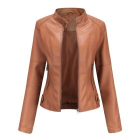 Thin Large Size Leather Clothing With Stand Collar Slim-fit Jacket (Option: Camel-XS)